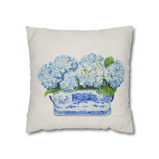 Light Blue Hydrangeas Chinoiserie Planter Outdoor Pillow, Pillow Cover