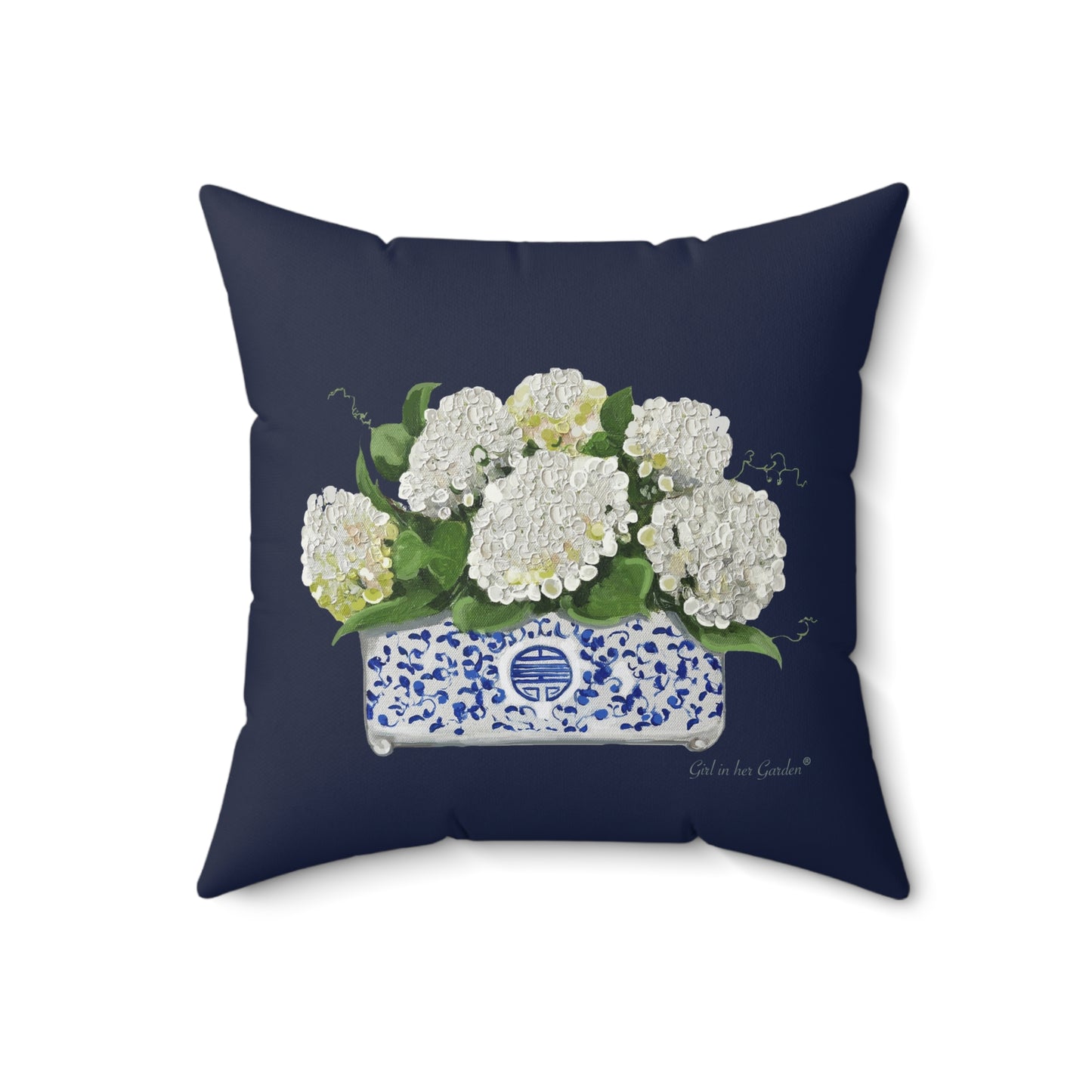 White Hydrangea Planter, Navy Pillow, Pillow Cover
