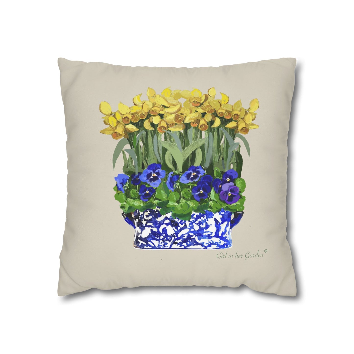 Daffodil & Pansy Chinoiserie Planter Pillow, Pillow Cover