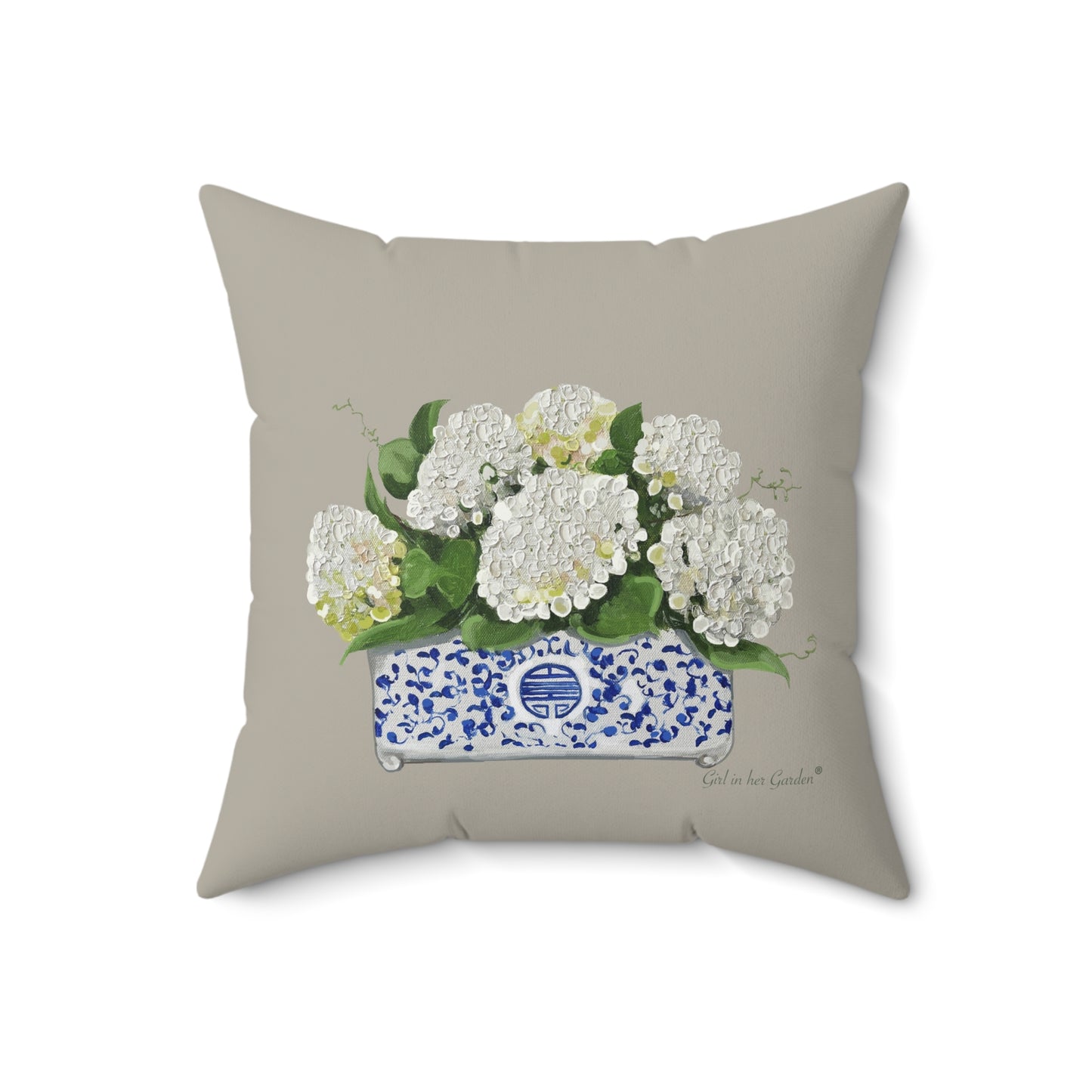 White Hydrangea Planter, Beige Pillow, Pillow Cover