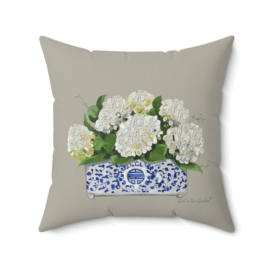 White Hydrangea Planter, Beige Pillow, Pillow Cover