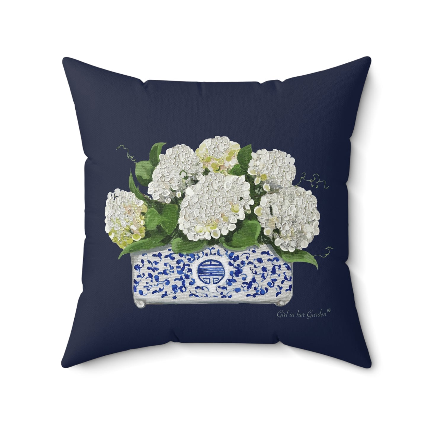 White Hydrangea Planter, Navy Pillow, Pillow Cover