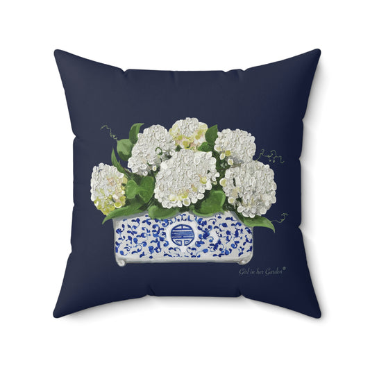 White Hydrangea Planter, Navy Pillow, Pillow Cover