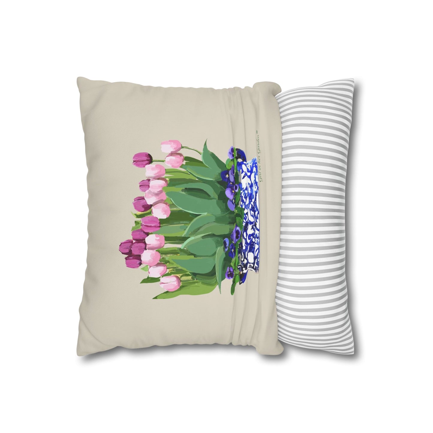 Pink Tulips & Pansy Chinoiserie Planter Pillow, Pillow Cover