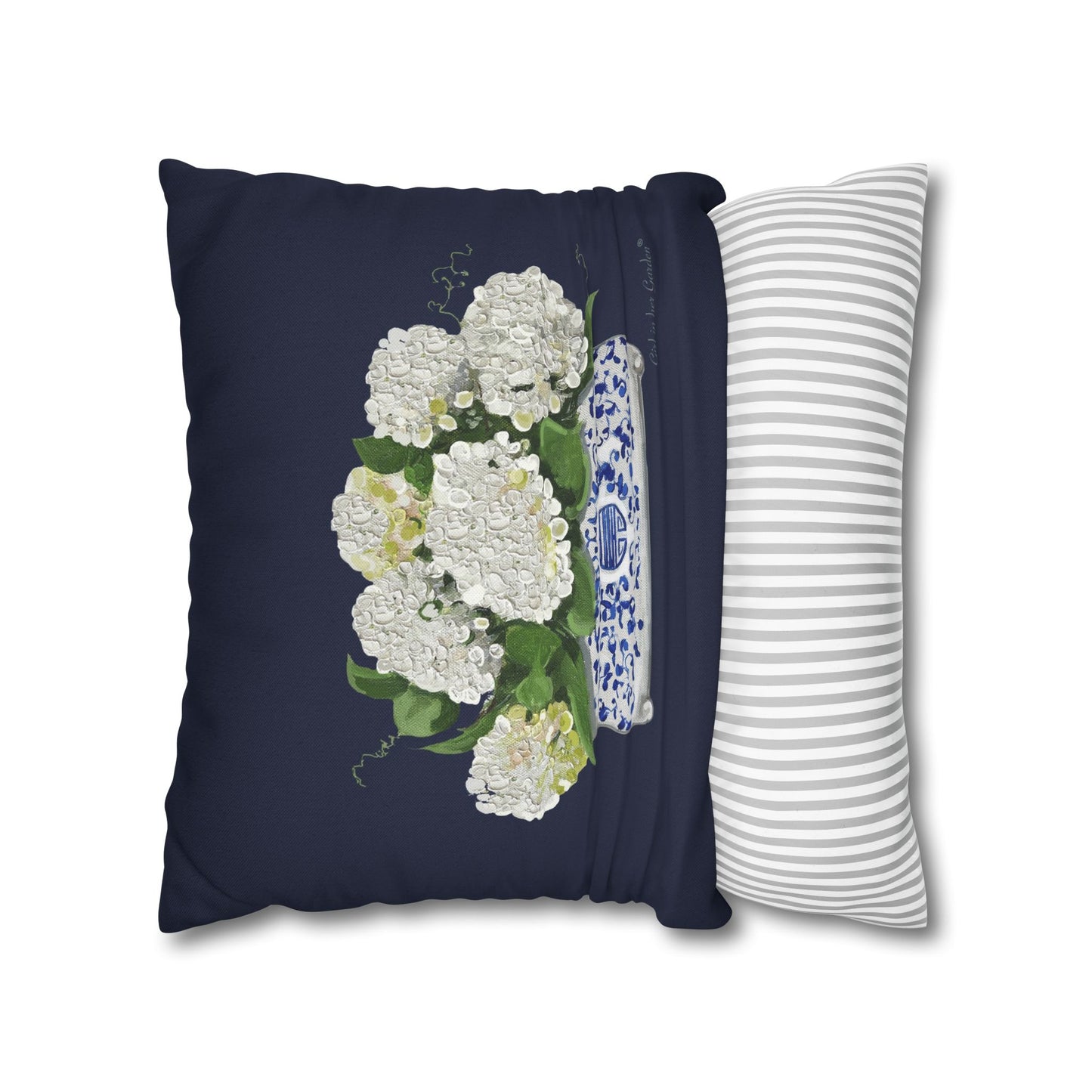 White Hydrangea Planter, Navy Pillow, Pillow Cover