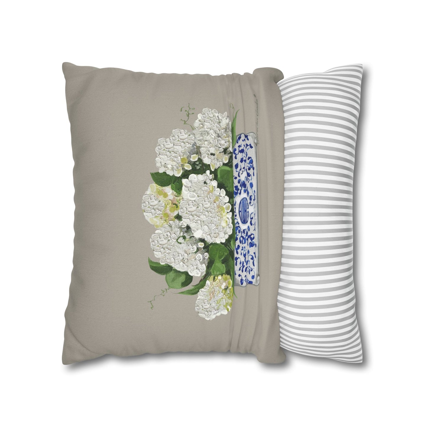 White Hydrangea Planter, Beige Pillow, Pillow Cover