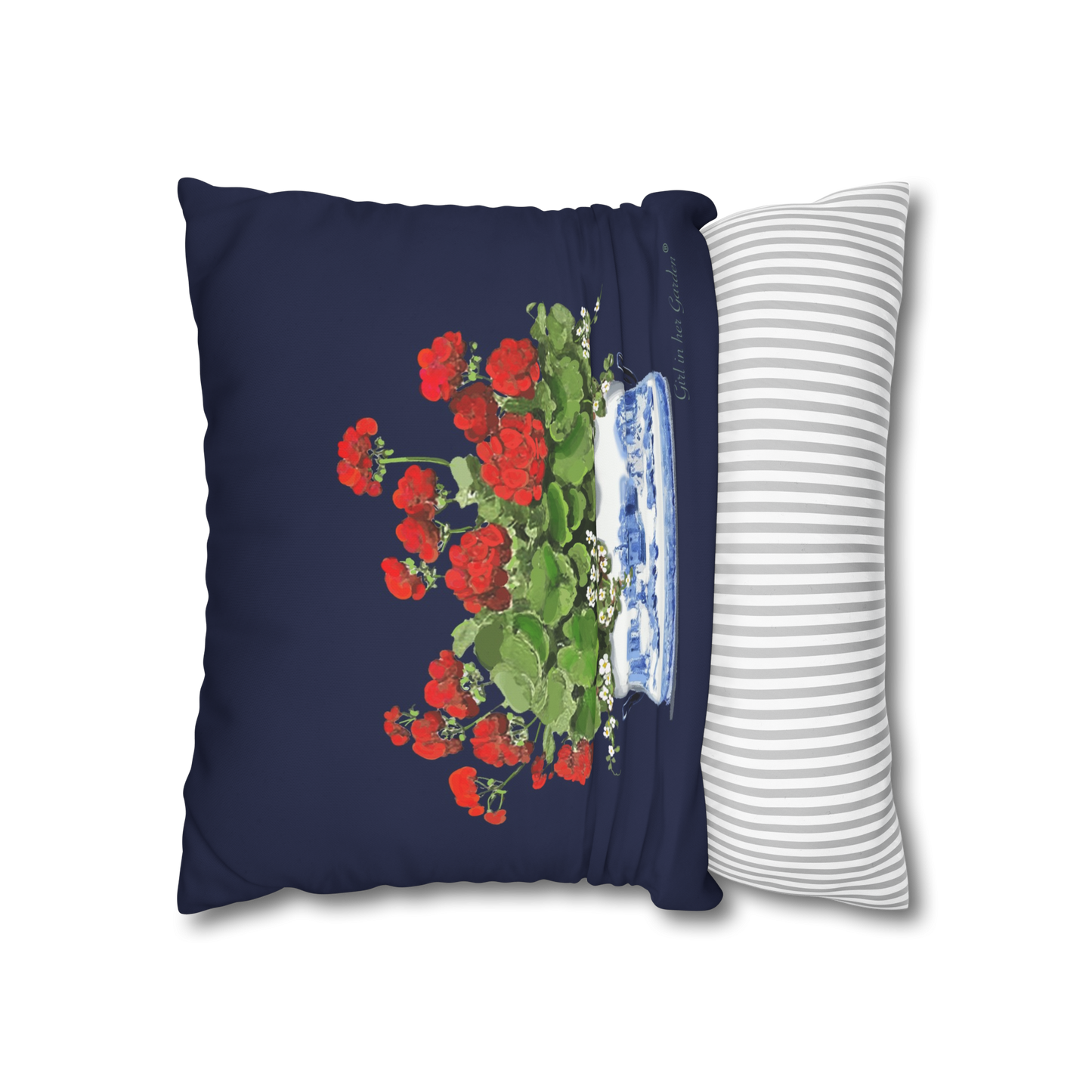 Red Geraniums Navy Chinoiserie Planter Outdoor Pillow, Pillow Cover