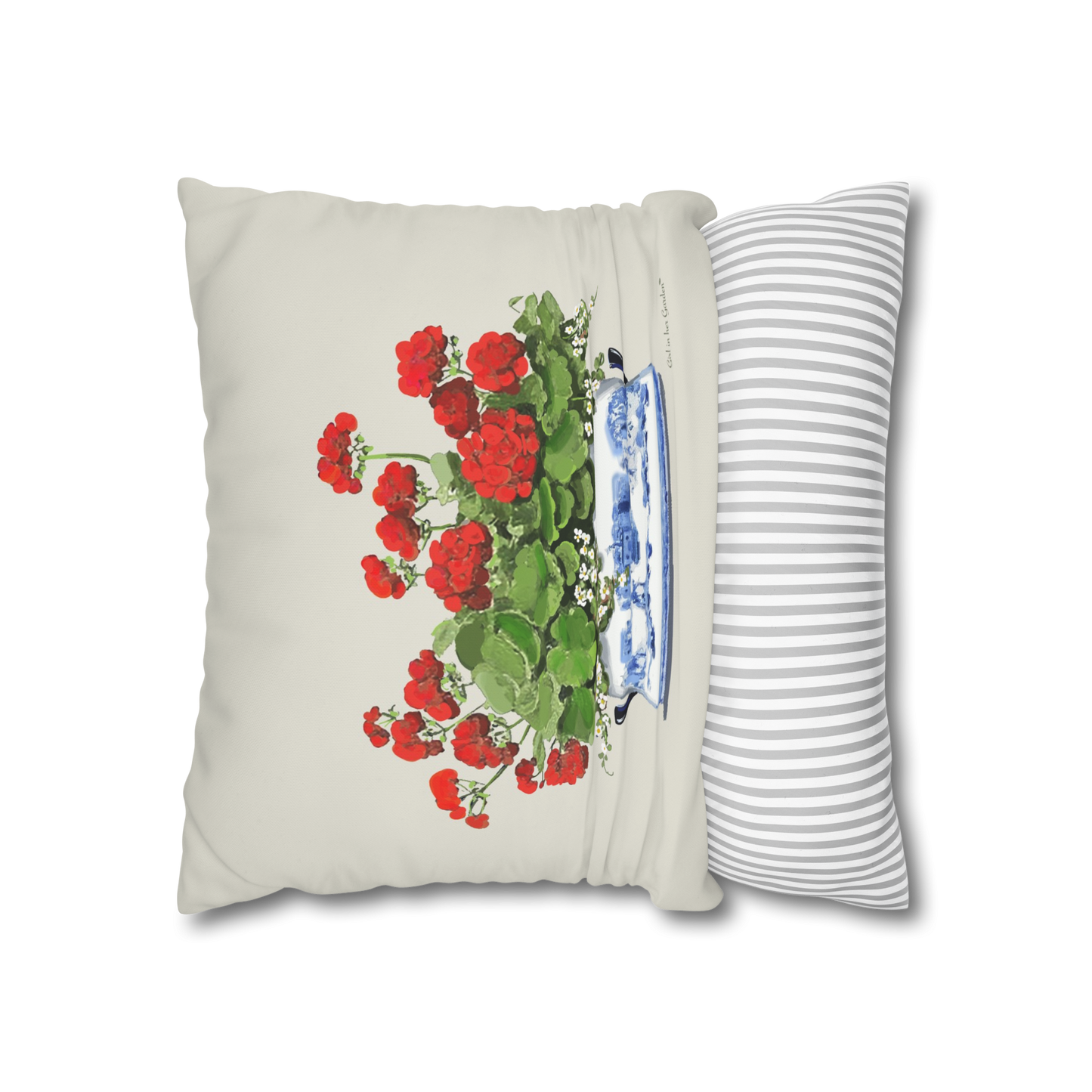 Red Geraniums Chinoiserie Planter Outdoor Pillow, Pillow Cover