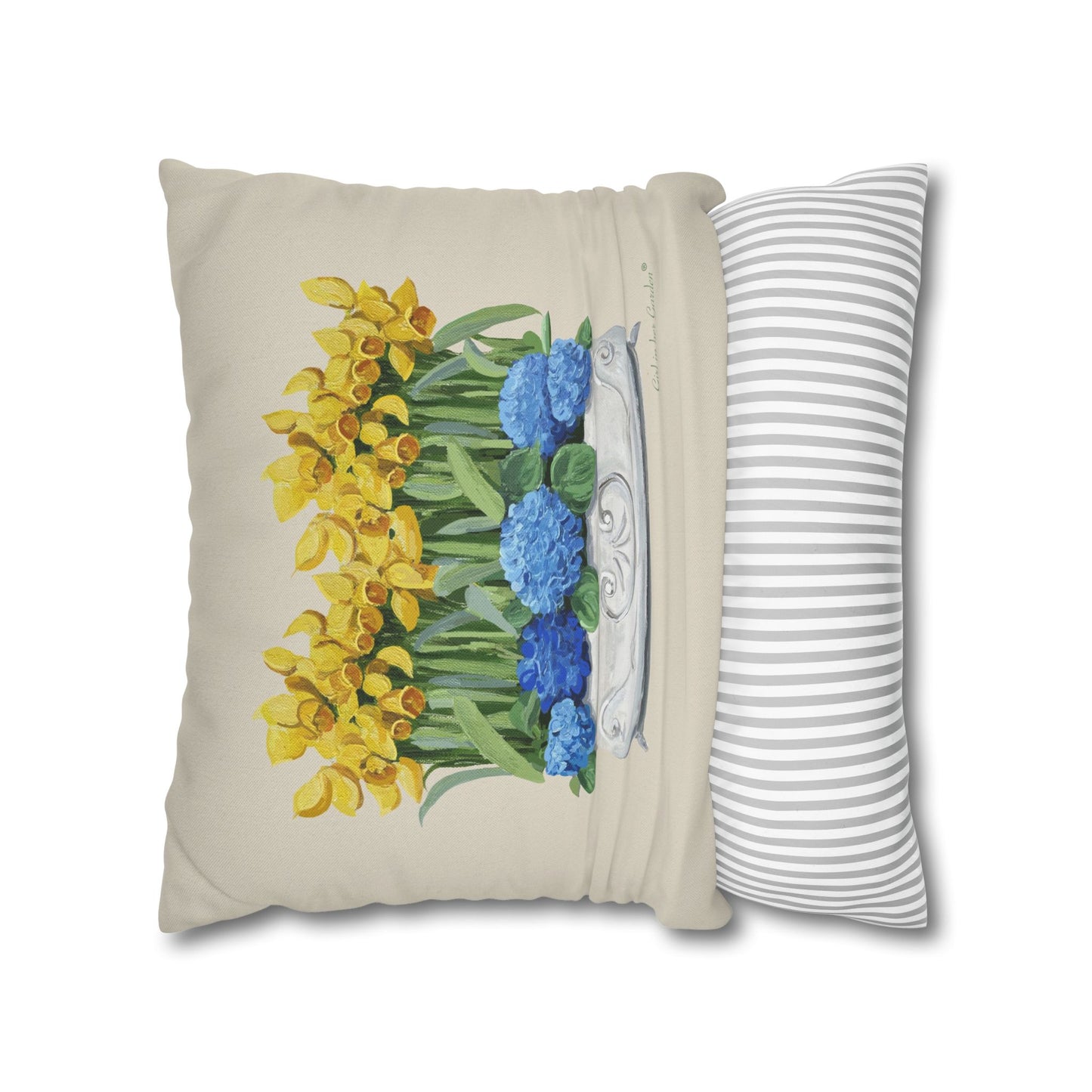 Daffodil & Blue Hydrangeas Chinoiserie Planter Pillow, Pillow Cover