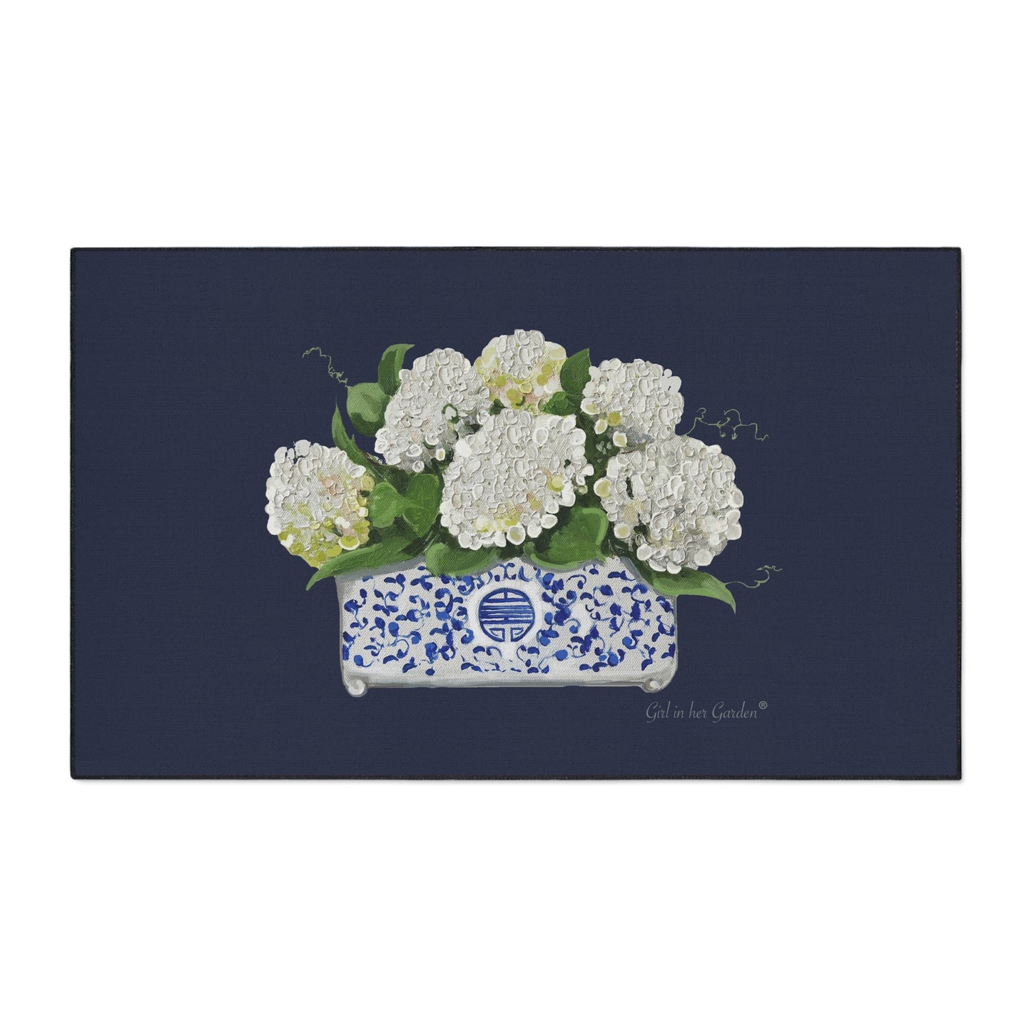 White Hydrangea Navy Chinoiserie Planter Rubber Floor Mat