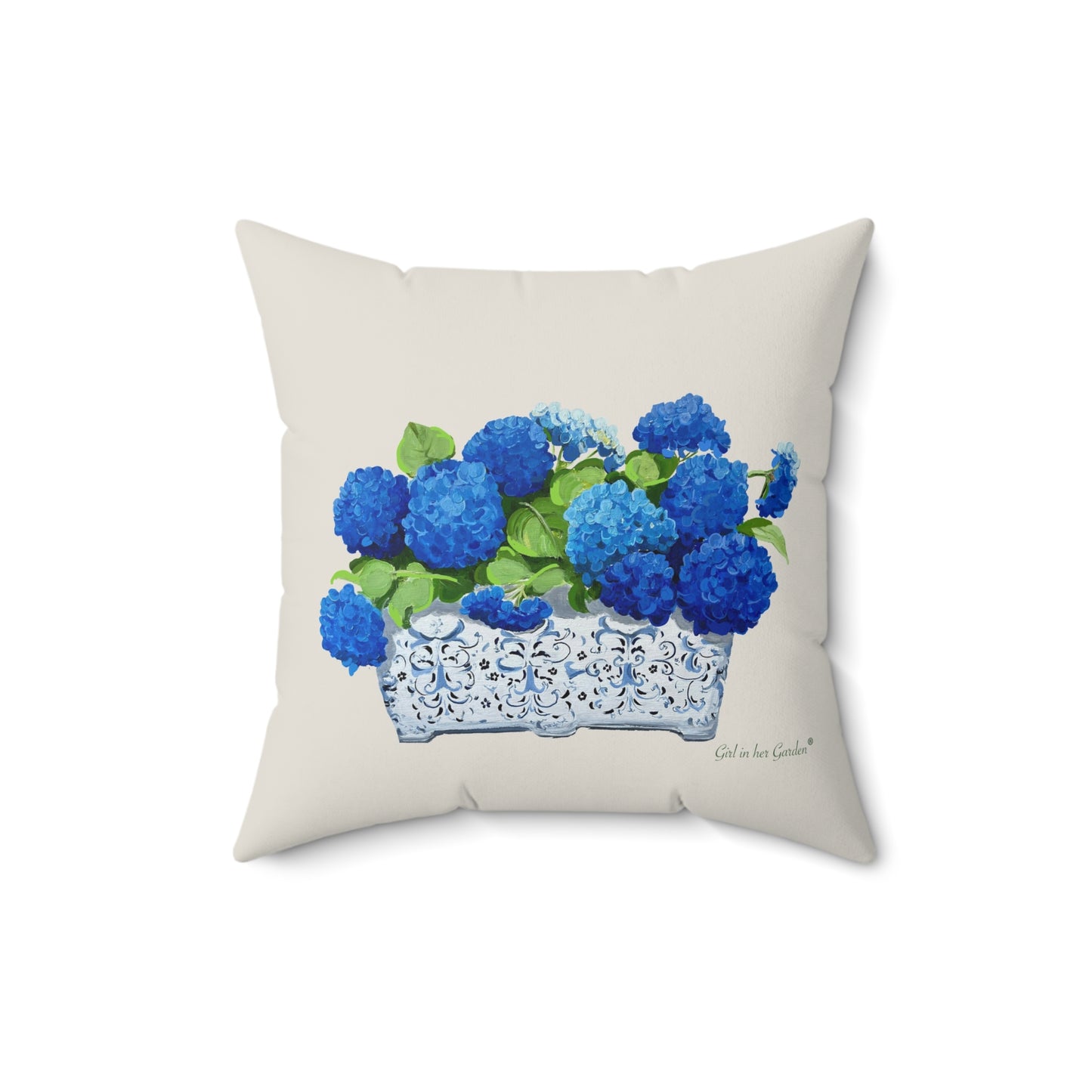 Blue Hydrangea Planter Beige Pillow, Pillow Cover