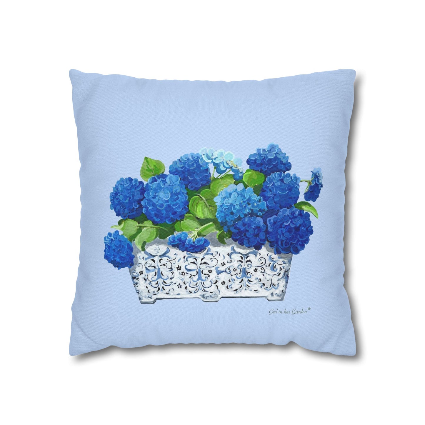 Light Blue Hydrangea Planter Pillow, Pillow Cover