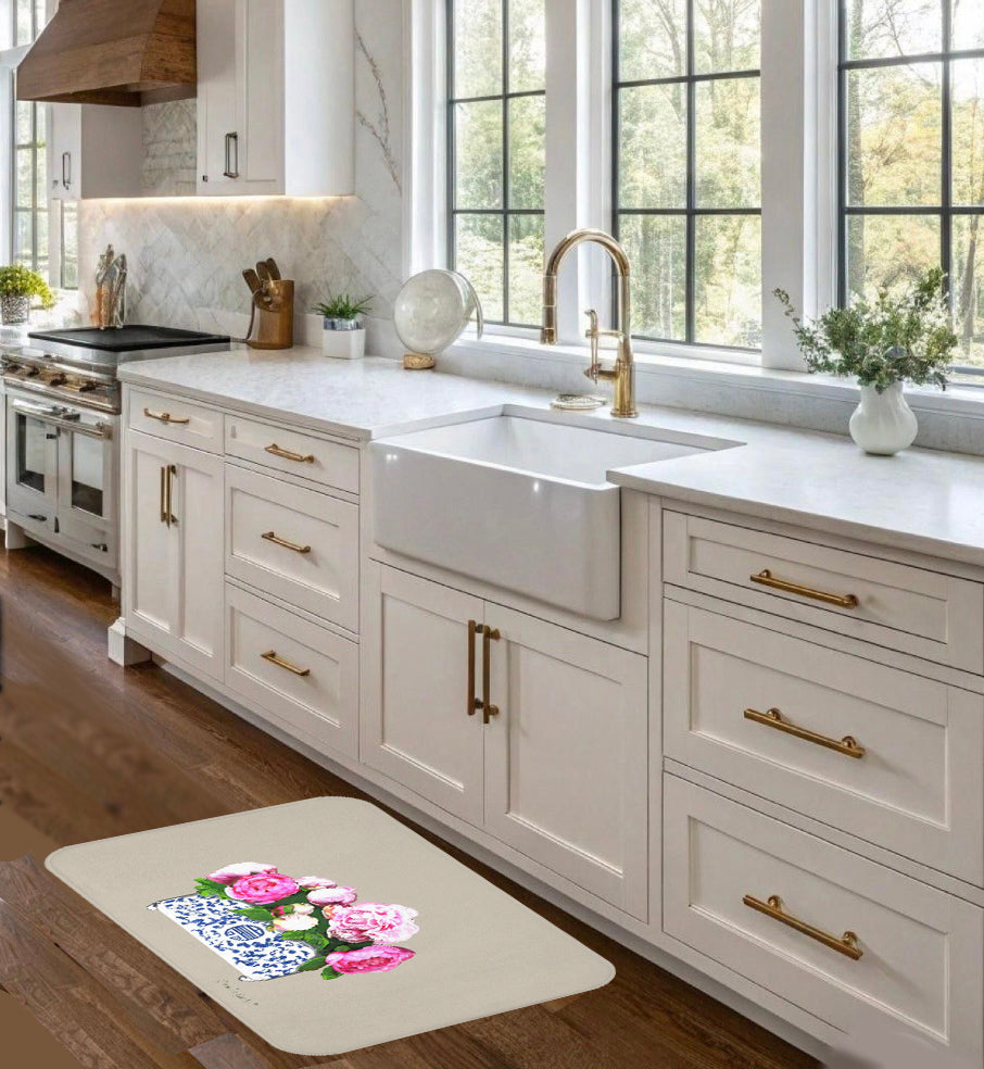 Beige Peonies Kitchen & Bath Cushion Mat