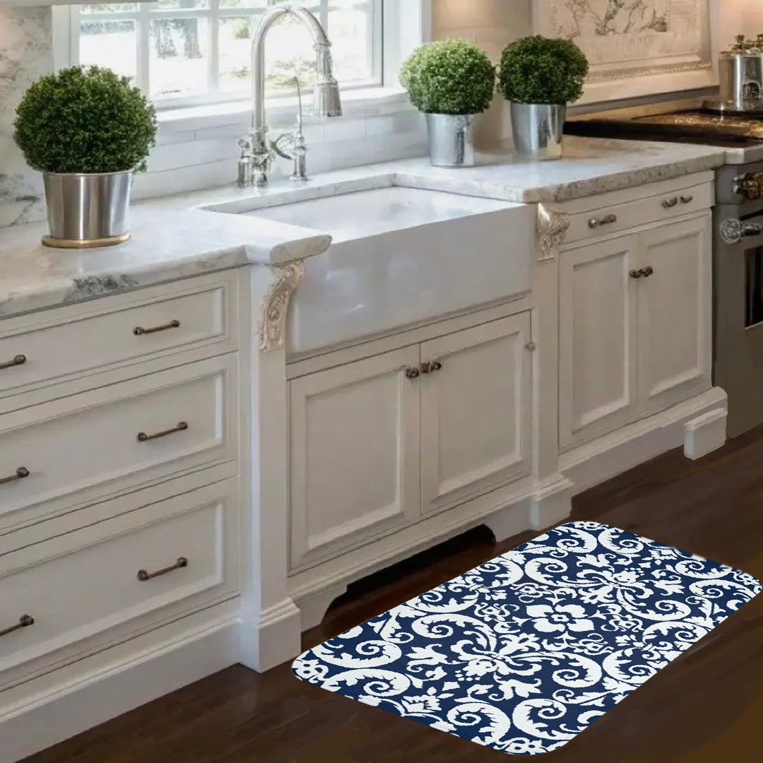 Blue & White Floral Pattern KItchen & Bath Cushion Mat