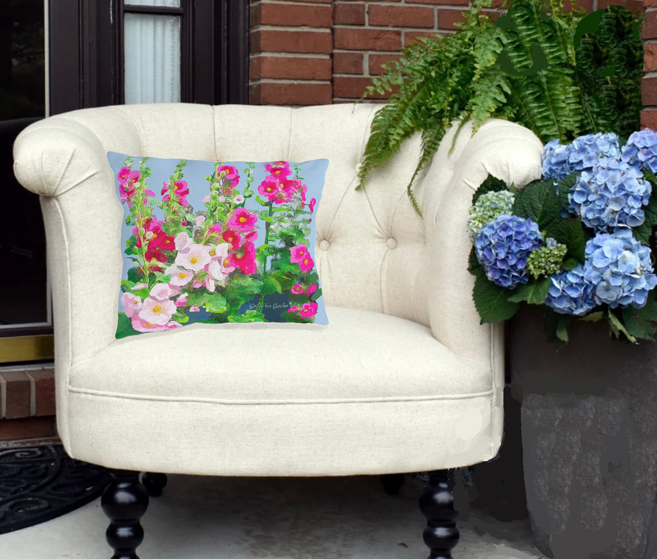 Outdoor Hollyhock Floral Pillow