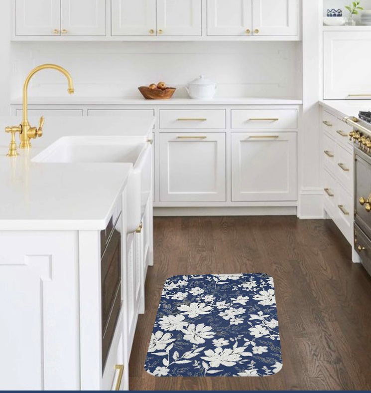 Kitchen, Bath Cushion Mat , Navy Blue White Floral