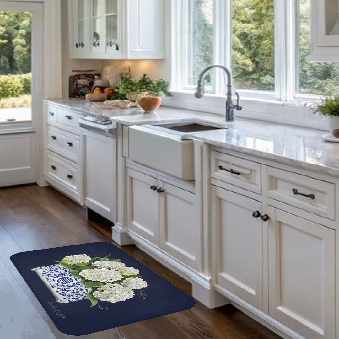 Kitchen, Bath Cushion Mat, Navy with White Hydrangeas Chinoiserie Planter
