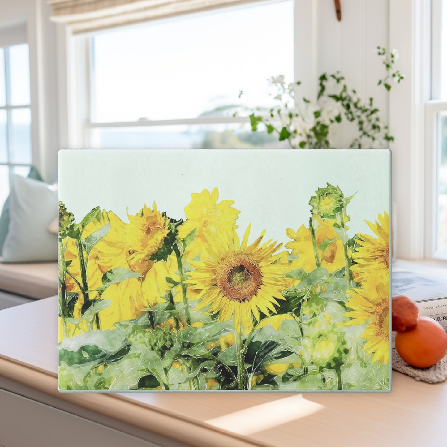 Tempered Glass Cutting Board, Painted Sunflowers