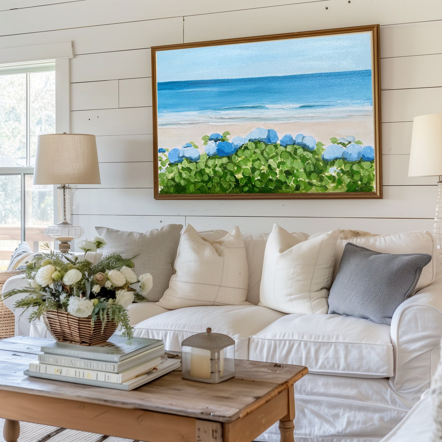Hydrangeas on the Ocean, Framed Canvas