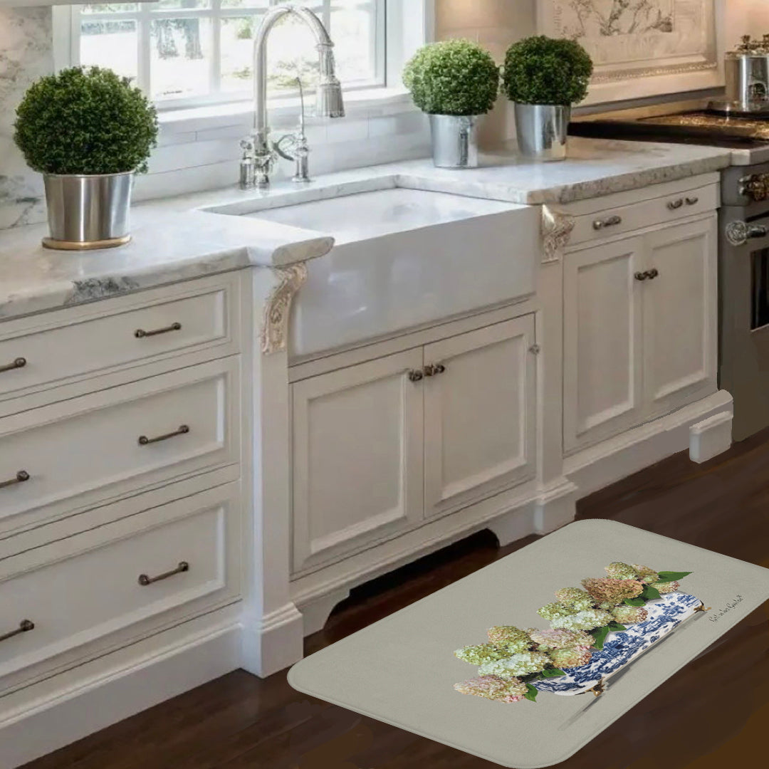 Beige PeeGee Hydrangea KItchen & Bath Cushion Mat