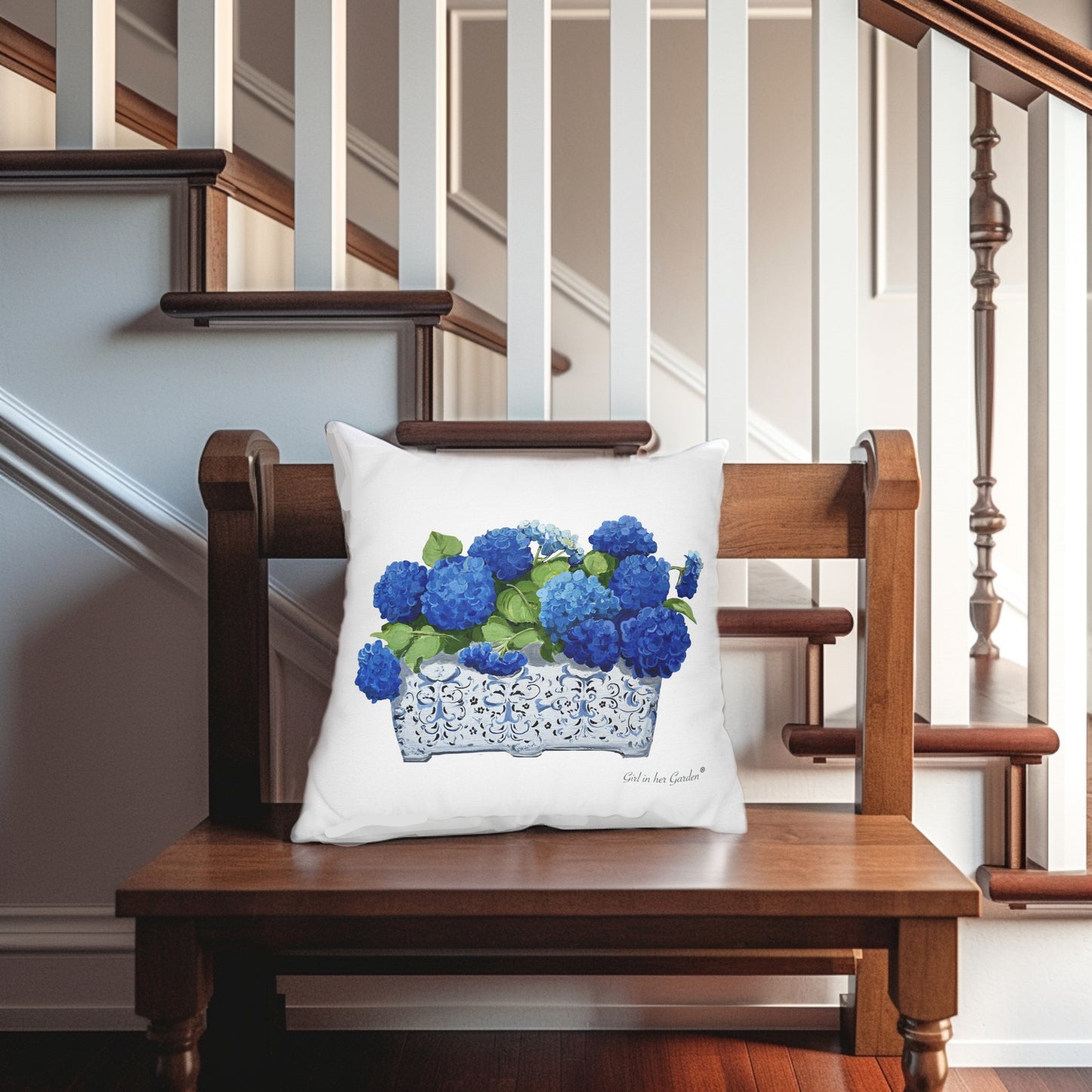Blue Hydrangea Planter White Pillow, Pillow Cover