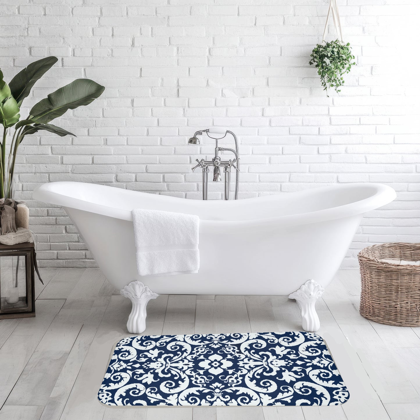 Blue & White Floral Pattern KItchen & Bath Cushion Mat