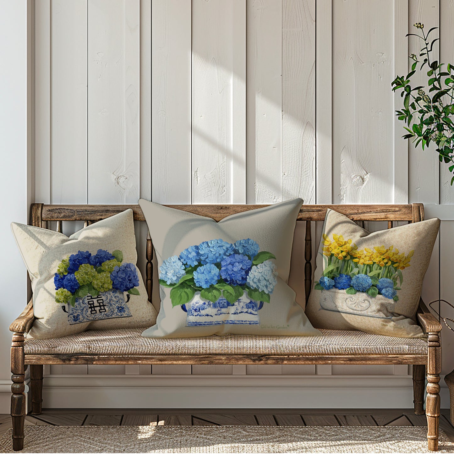 Daffodil & Blue Hydrangeas Chinoiserie Planter Pillow, Pillow Cover
