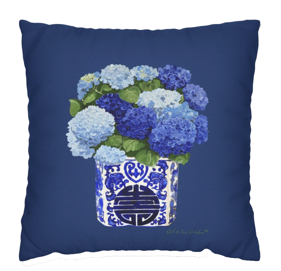 Blue Hydrangea Chinoiserie Navy Pillow, Pillow Cover