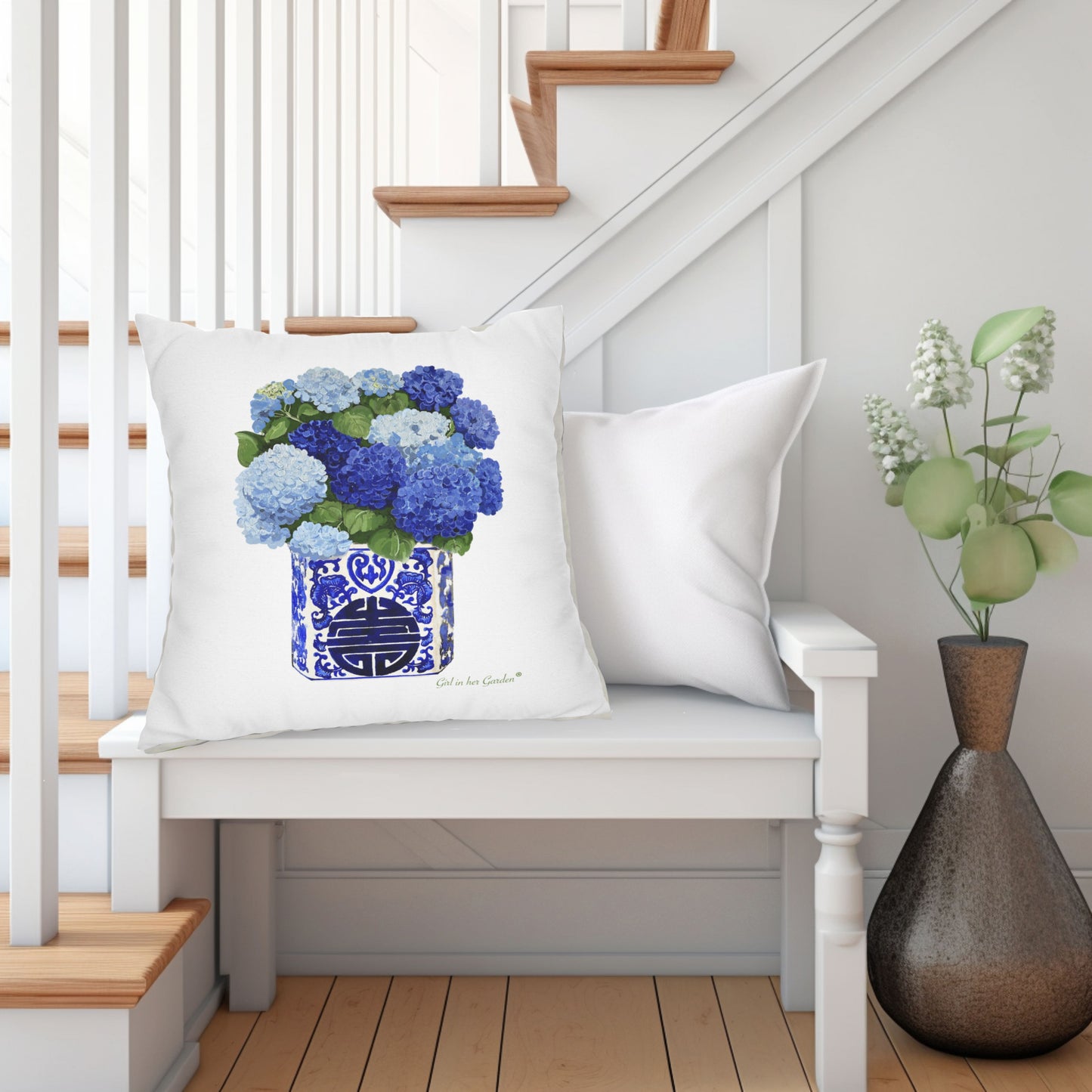 Blue Hydrangea Chinoiserie  White Pillow, Pillow Cover