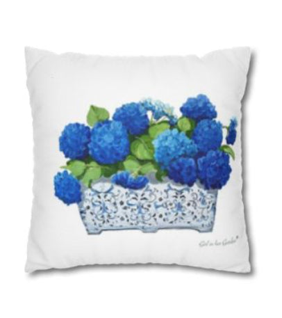 Blue Hydrangea Planter White Pillow, Pillow Cover