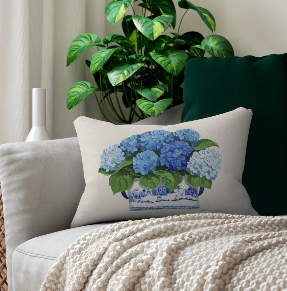 Blue Hydrangea Chinoiserie Pillow