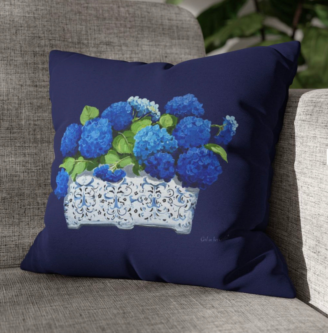 Blue Hydrangea Planter Pillow, Pillow Cover