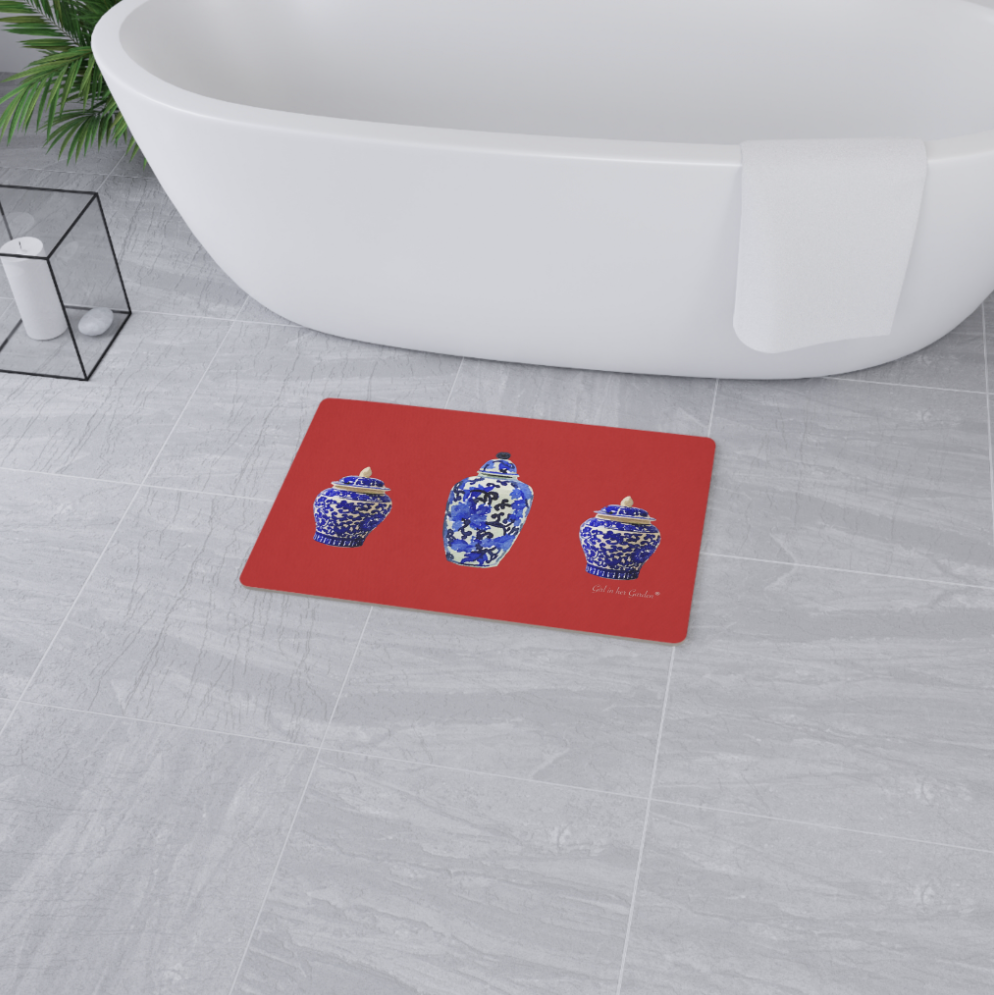 Kitchen, Bath Cushion Mat, Red Chinoiserie Vase
