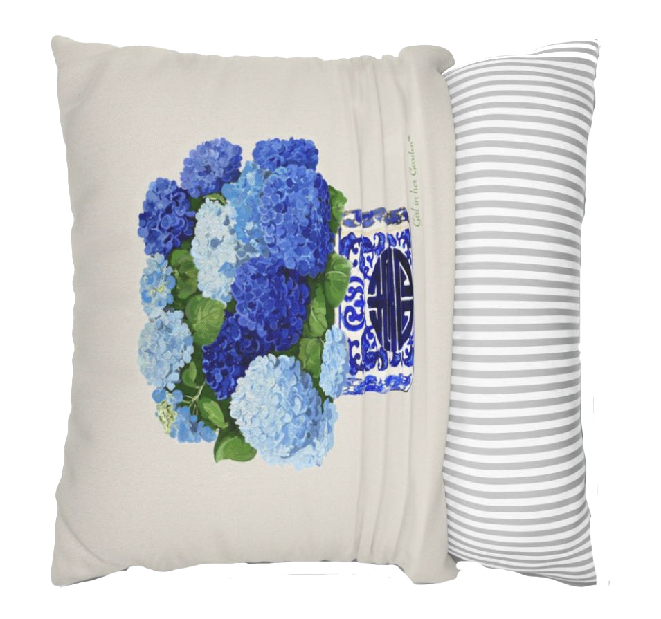 Blue Hydrangea Chinoiserie Beige Pillow, Pillow Cover