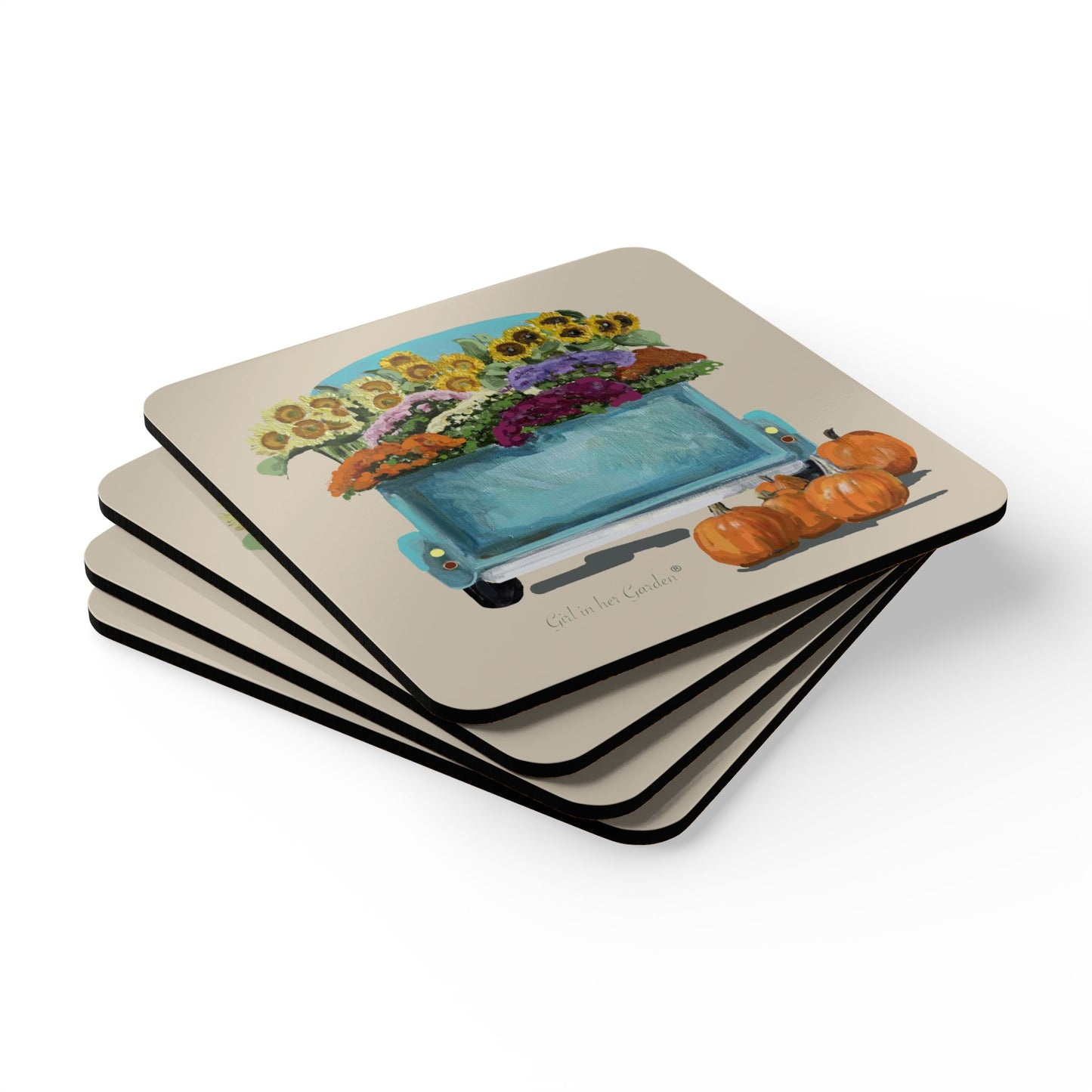 Fall Harvest Beige Truck Coaster Set