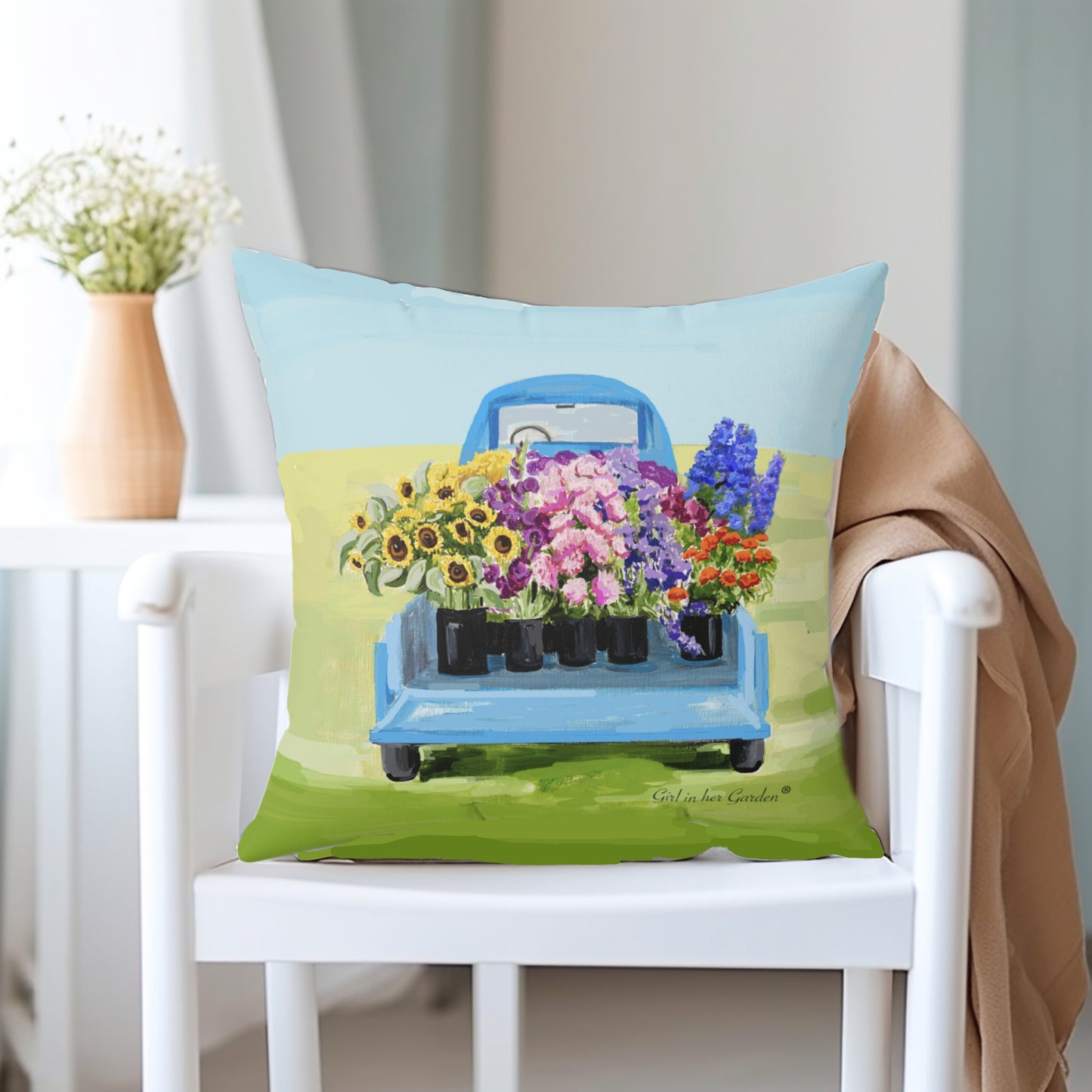 Flower Truck Throw Pillow, Pillow Cover