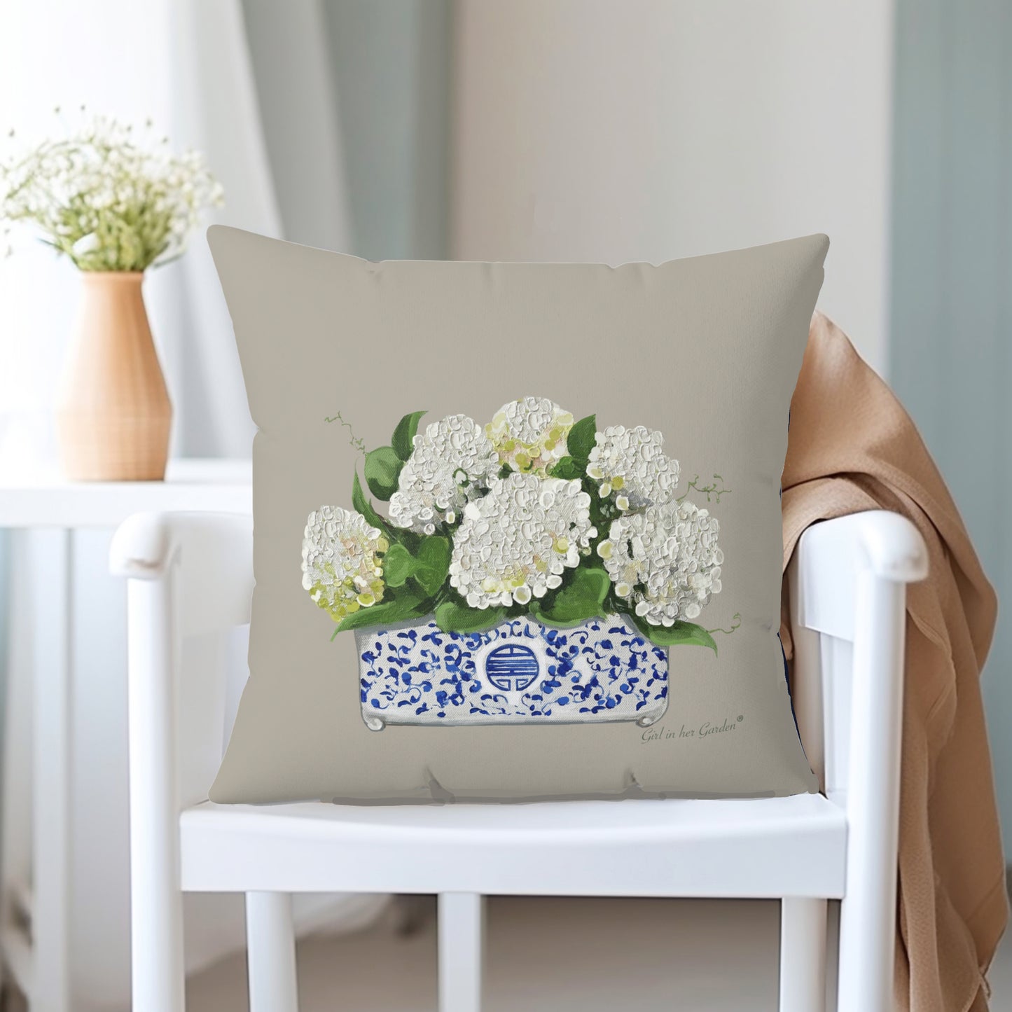 White Hydrangea Planter, Beige Pillow, Pillow Cover