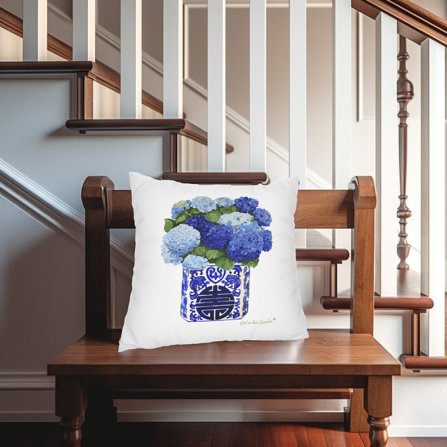 Blue Hydrangea Chinoiserie  White Pillow, Pillow Cover