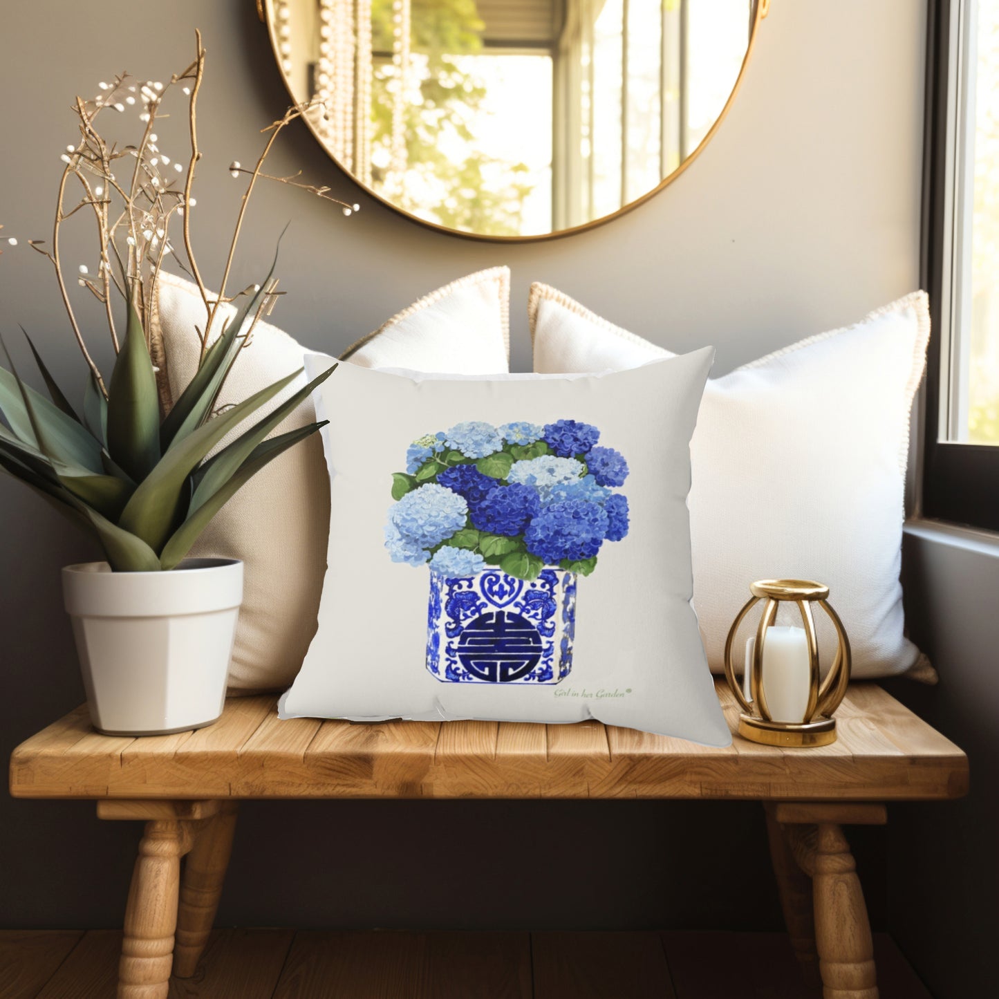 Blue Hydrangea Chinoiserie Beige Pillow, Pillow Cover