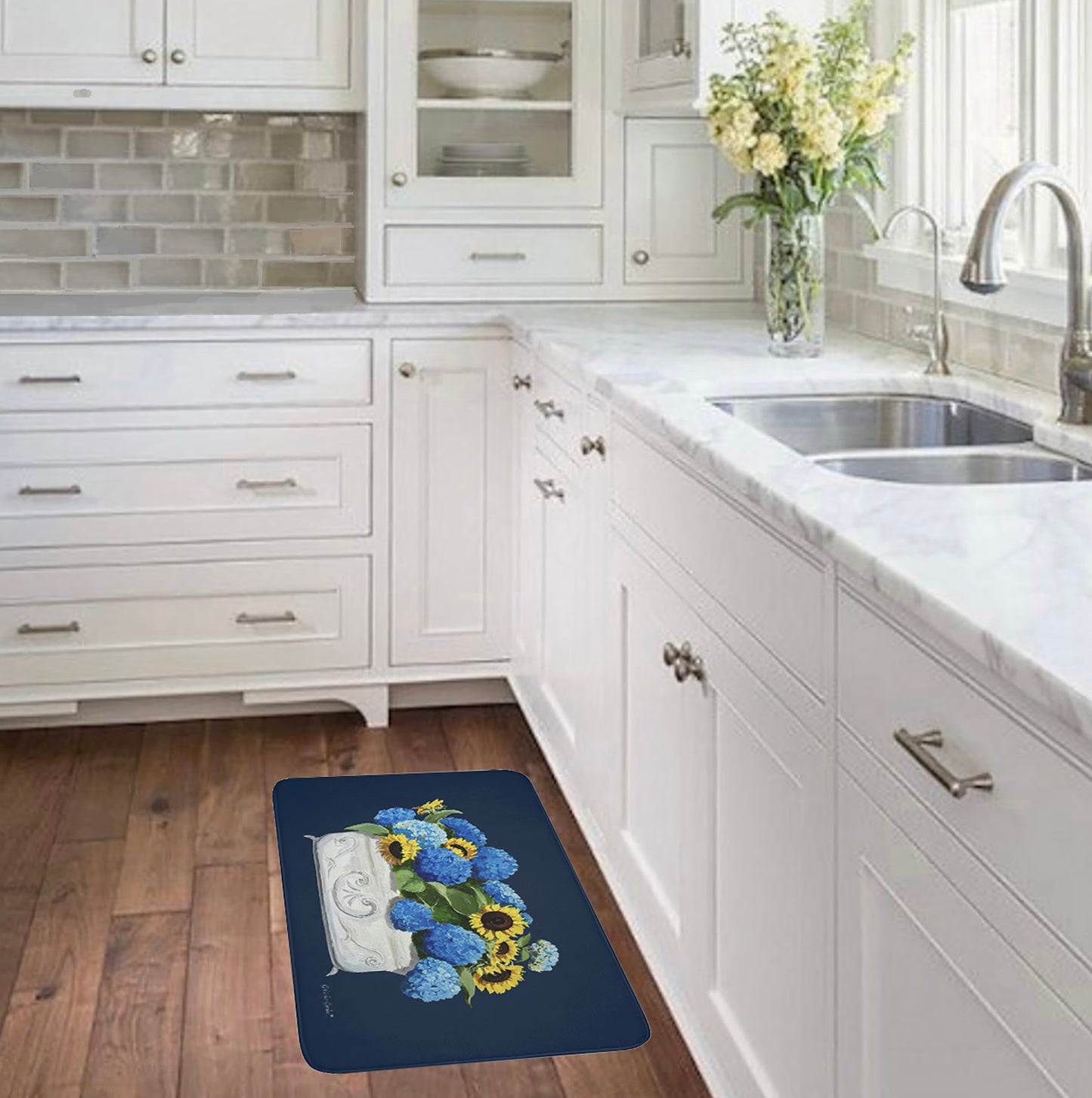 Kitchen, Bath  Cushion Mat, Navy Sunflowers & Hydrangeas Planter