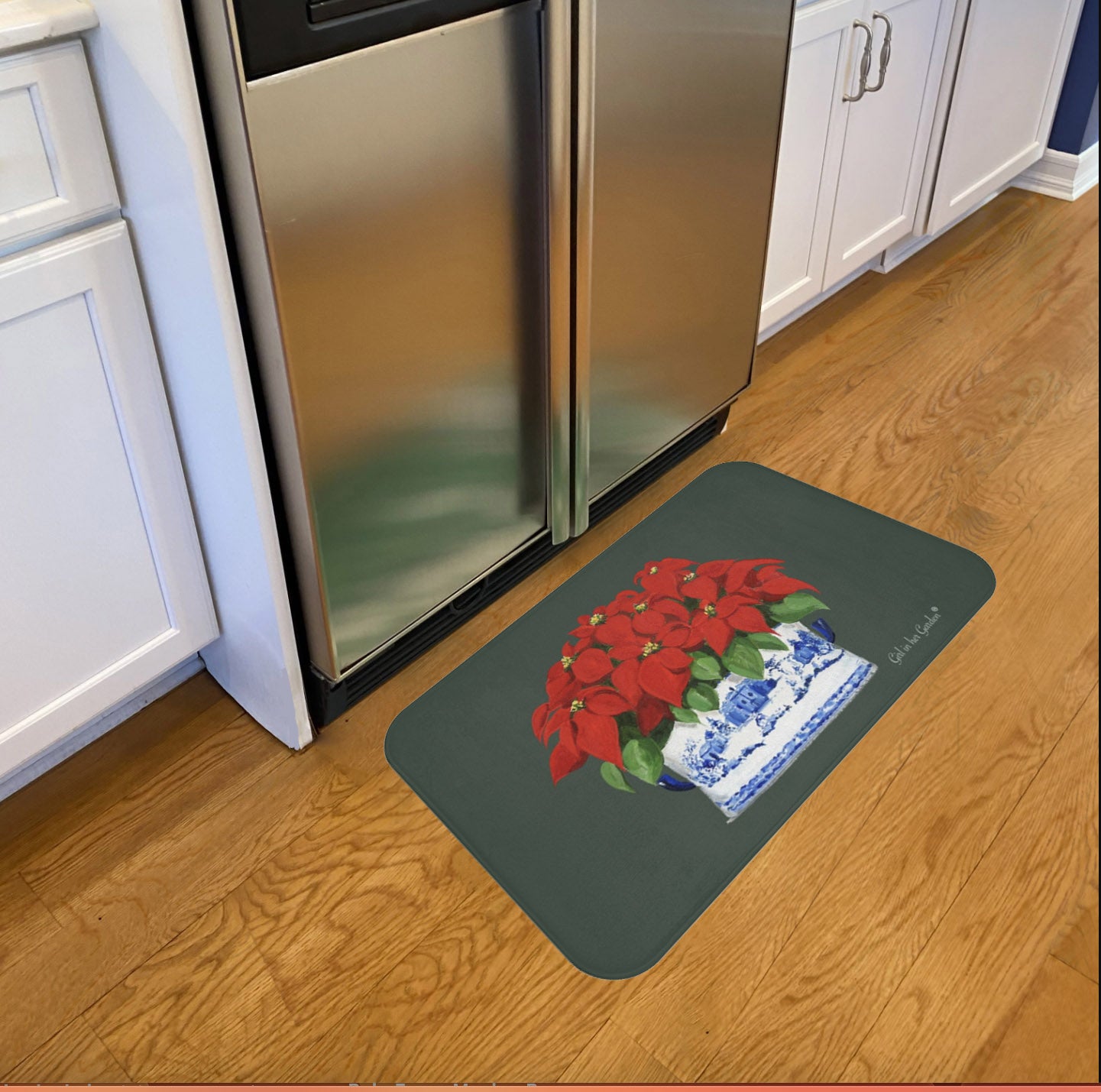 Kitchen, Bath Cushion Mat, Green Christmas Poinsettias