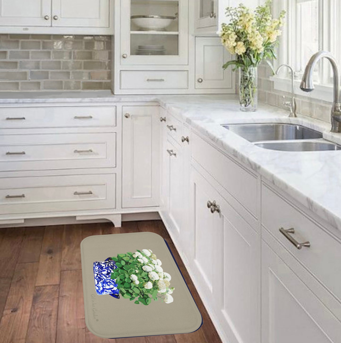 Kitchen, Bath Cushion Mat, Beige Annabelle Blue & White Planter