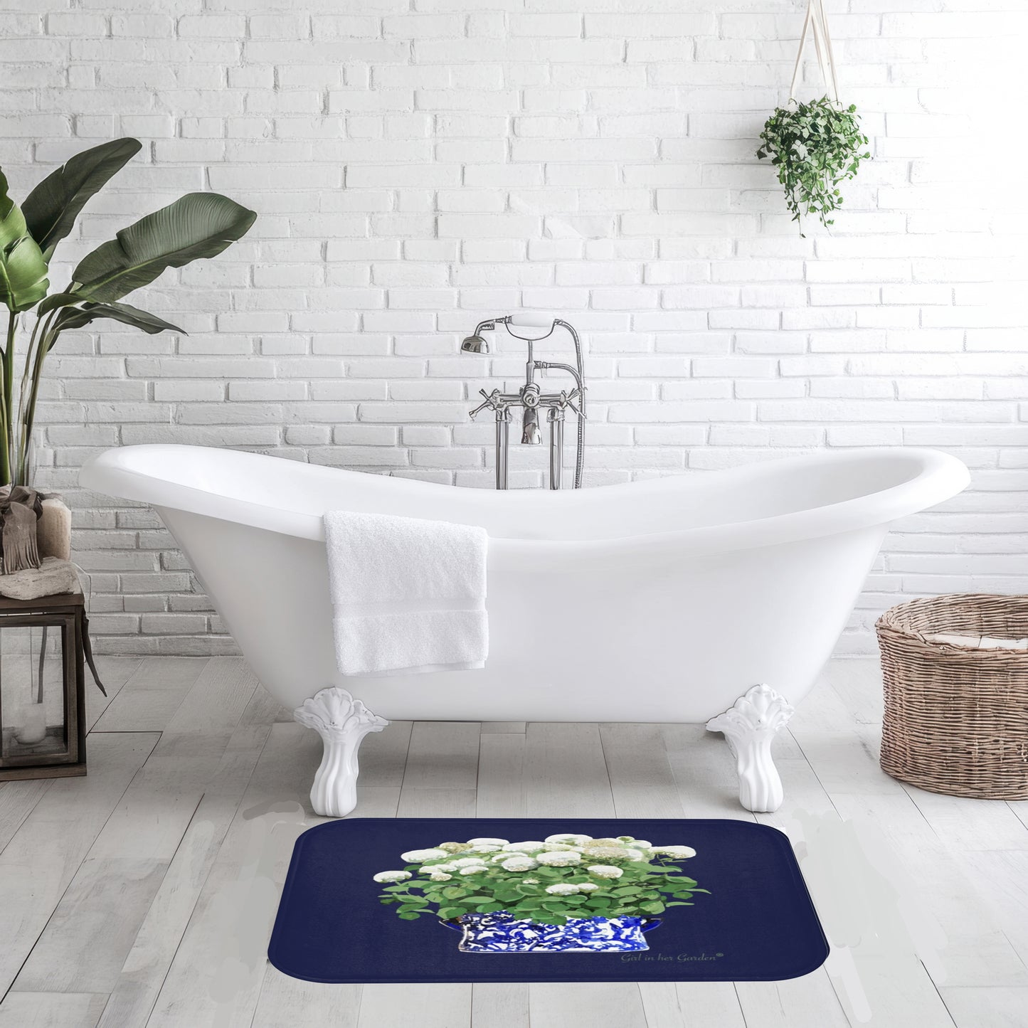 Kitchen, Bath Cushion Mat, Navy Annabelle Blue & White Planter