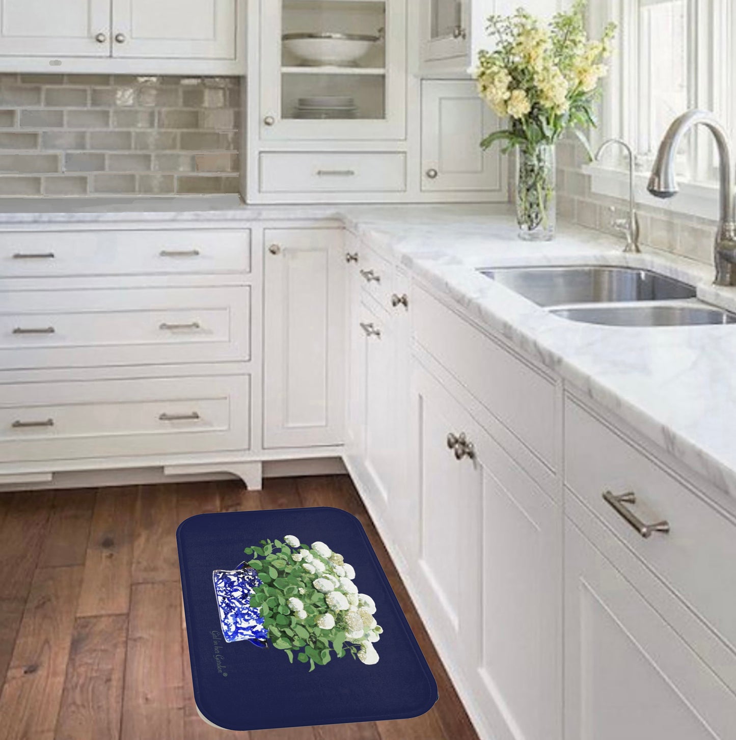 Kitchen, Bath Cushion Mat, Navy Annabelle Blue & White Planter