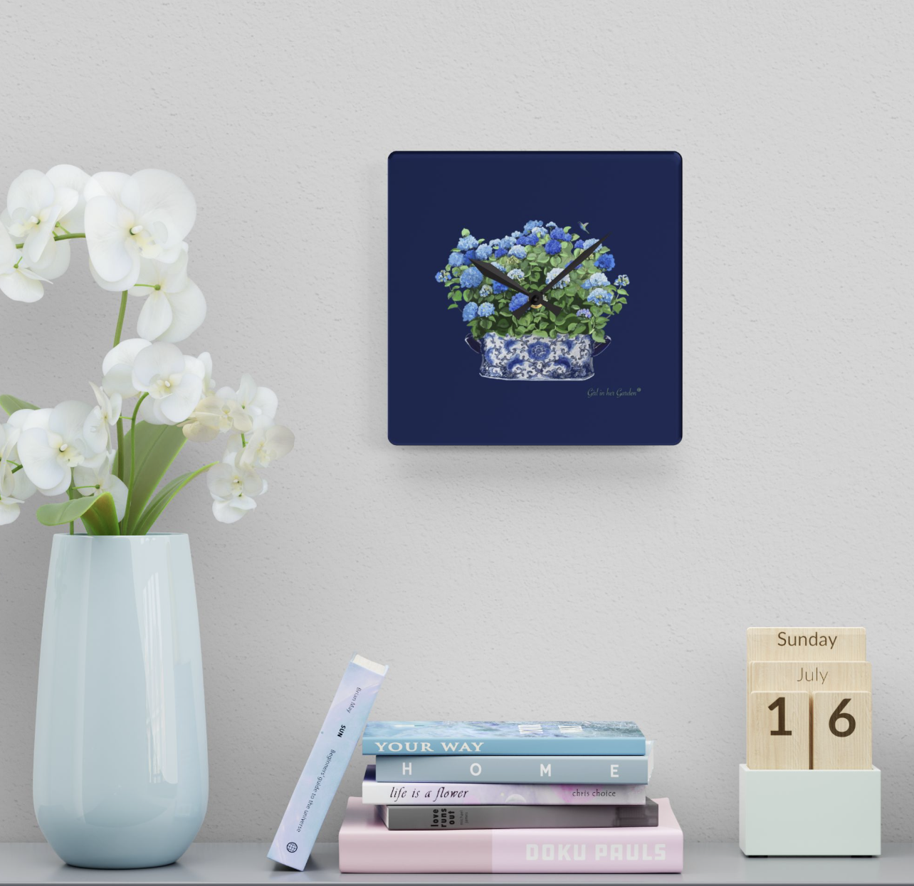 Navy Blue Hydrangea Wall Clock