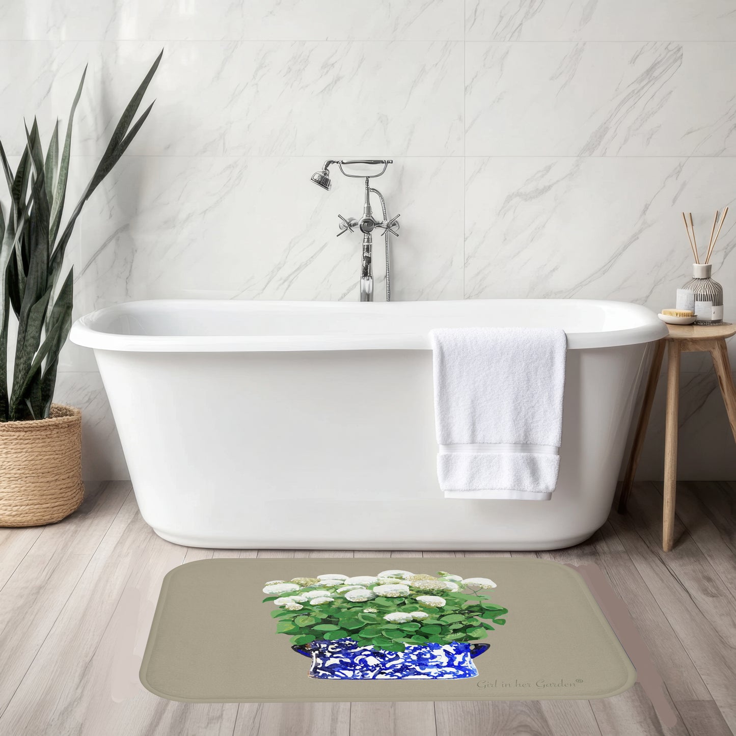 Kitchen, Bath Cushion Mat, Beige Annabelle Blue & White Planter
