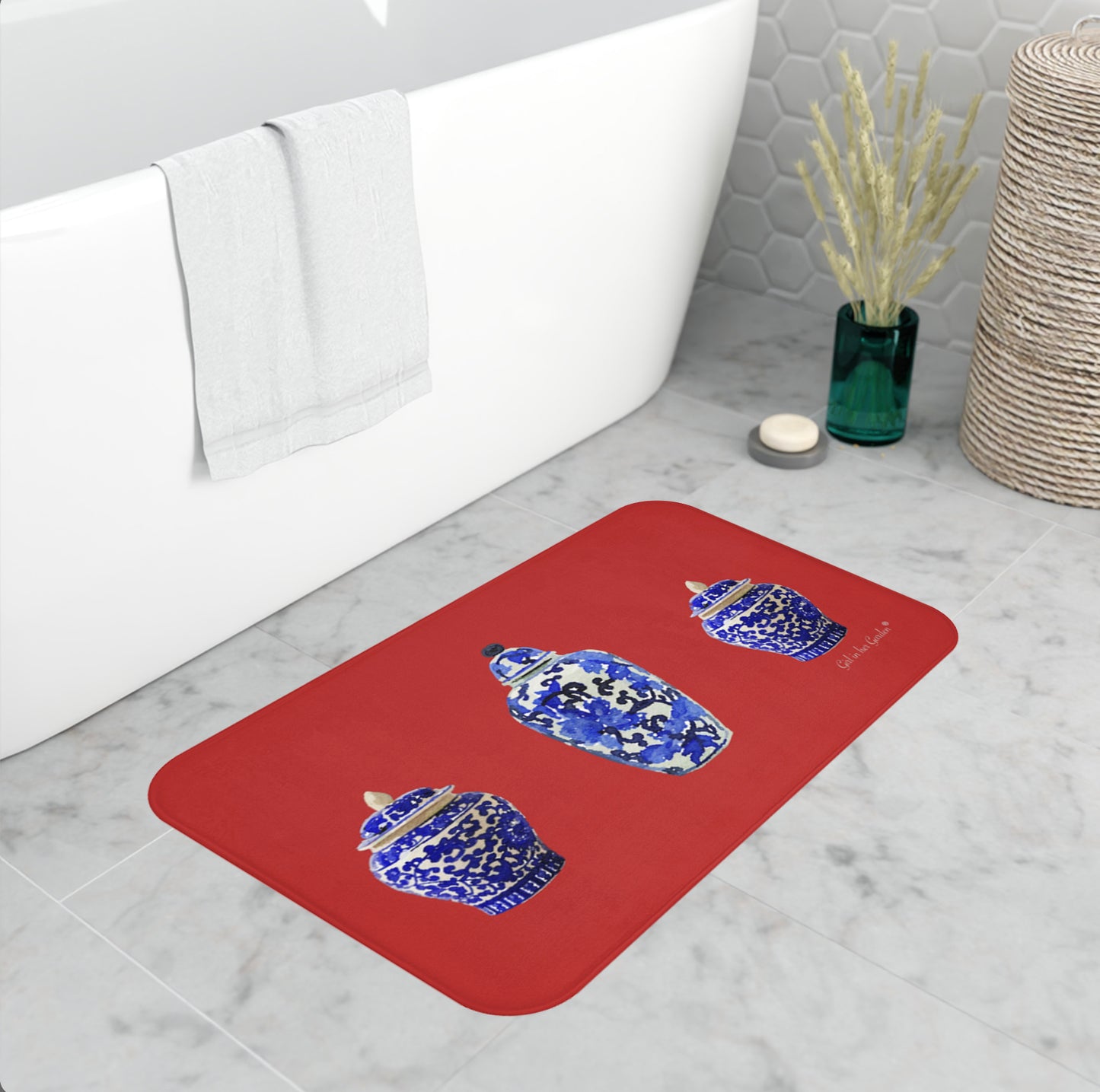 Kitchen, Bath Cushion Mat, Red Chinoiserie Vase