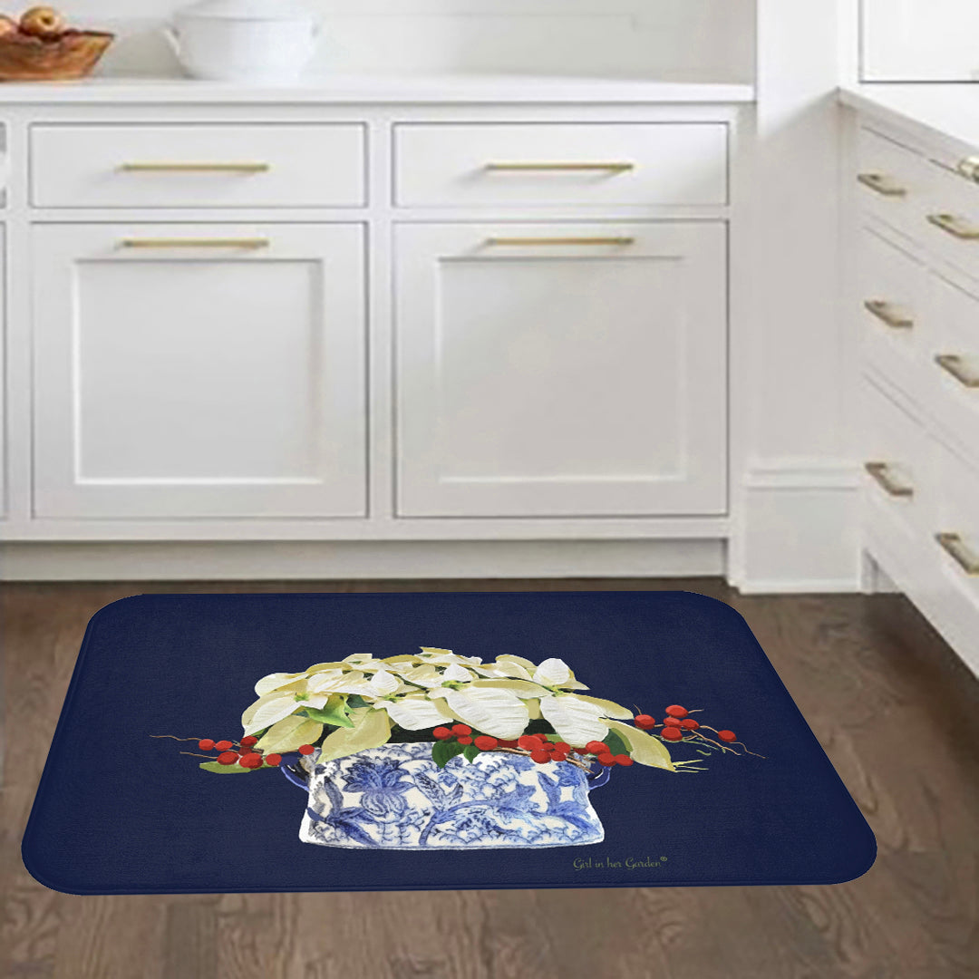 White Poinsettias Chinoiserie KItchen & Bath Cushion Mat