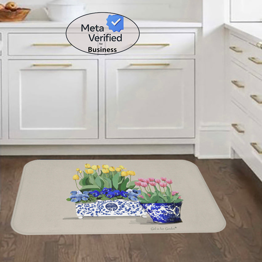 Kitchen, Bath Cushion Mat, Yellow & Pink Tulips Chinoiserie Planters