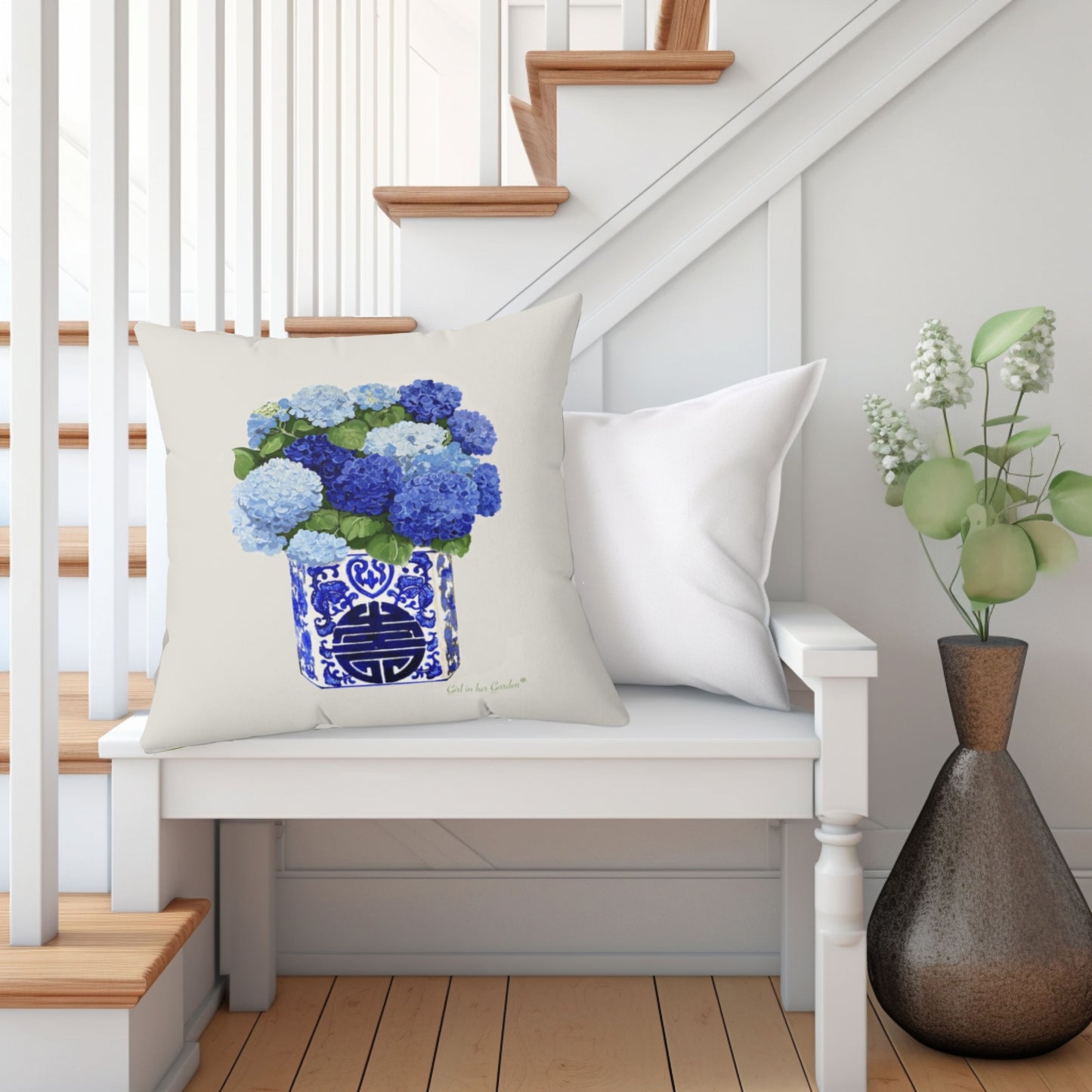 Blue Hydrangea Chinoiserie Beige Pillow, Pillow Cover